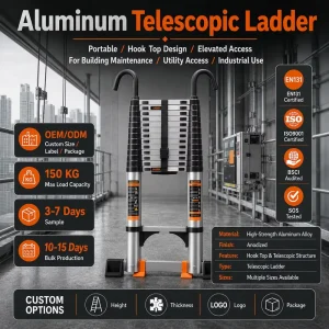 Professional Telescoping Aluminum Ladder 150KG Heavy Duty Extendable Design for Industrial Warehouse Facility Access