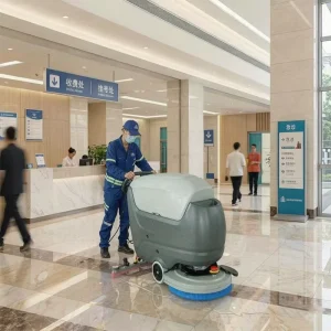 Quiet Lightweight Electric Floor Scrubber Dryer, Grey Push-Type Cleaner for Retail and Healthcare
