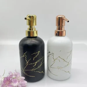 Ready to ship Matte Black White Customized 400ml Boston Hand Sanitizer Glass Bottle with Wood Lotion Pump for Cleaner Toiletrie