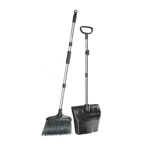 Realida Windproof Broom and Dustpan Set Long Handle Plastic Lobby Dustpan with Wheel Cover PP Broom Head