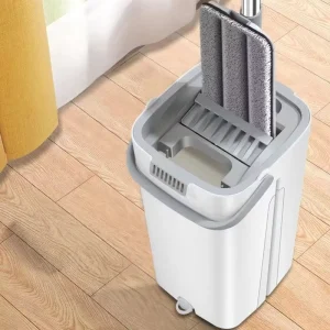 Rectangle Flat Mop Cleaning Set with Steel Pole, Self-Wringer, Microfiber Mop, and Refillable Basket