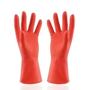 Red Long Latex Rubber Hand Glove with Anti Slip Durable Waterproof Features for Household Use