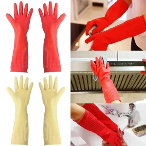 Red Long-Sleeve Latex Dishwashing Gloves with Cotton and Fleece Lining Extended Folded Cuff