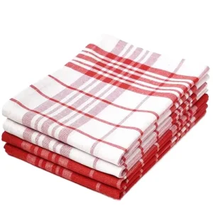 Red Printed Kitchen Cleaning Towel Set Non Sponge Highly Absorbent Quick Dry Plaid Pattern Cotton Terry 70x45cm Dish