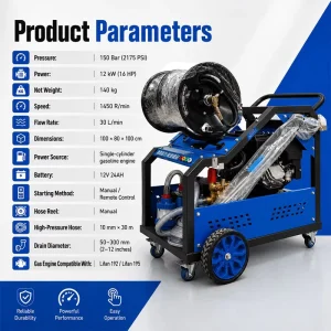 Remote Control Gasoline Sewer Jetting Machine 150Bar 30L min Reel Drain Cleaning Equipment for Pipe Service