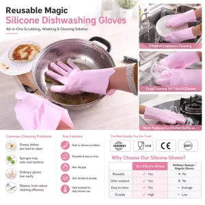 Reusable Silicone Dishwashing Gloves, Washable, Flexible, Non-Stick, Kitchen Cleaning