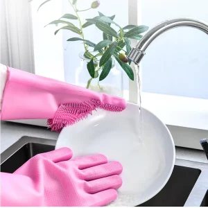 Reusable Waterproof Silicone Dishwashing Gloves with Scrubber