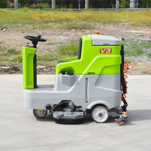 Ride-On Floor Scrubber with Dual Brushes, Burnishing, High-Pressure Cleaning, and Battery Power