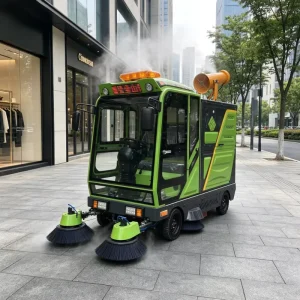 Ride-On Floor Sweeper with 240L Hanging Dustbin, 4 Wheels and High-Pressure Washing System