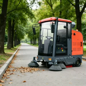Ride-On Industrial Floor Sweeper with Cleaning Brush Roller, Self-Propelled Battery-Powered for Roads and Sidewalks