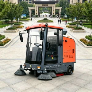 Ride-On Industrial Robotic Enclosed Electric Road Sweeper Vacuum Street Floor Sweeper with Fog Gun