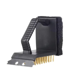 Right-Angle 3-in-1 Copper Wire BBQ Grill Cleaning Brush with Scraper and Plastic Handle for Outdoor Camping