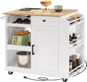 Rolling Kitchen Island Cart with Power Outlet Drawer Wine Spice Rack White Natural Storage Trolley for Dining Room