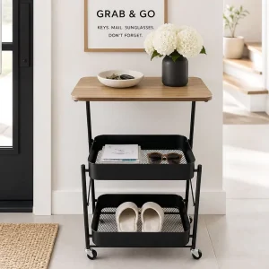 Rolling Storage Organizer Cart with Wood Top for Kitchen Bathroom Laundry