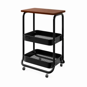 Rolling Utility Cart 3 Tier MDF Wooden Top with Iron Frame and Metal Baskets Portable Storage Trolley for Bedside Living Room
