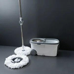 Rotating Mop and Bucket Set with Hand-Pressed Dual-Drive Wringer and Wheels