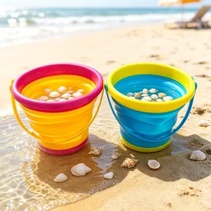 Round Collapsible Beach Bucket with Sand Shovel Foldable Portable Water Pail Kids Outdoor Sand Toy