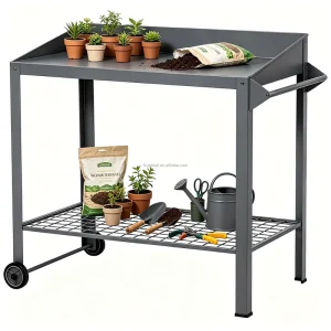 Rustproof Planting Workstation Push Cart Outdoor Metal Potting Bench Table with Wheels and Storage Shelf