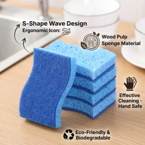 S-Shape Dual-Sided Kitchen Scrub Sponge Heavy-Duty Scouring Pad Ergonomic Wave Design
