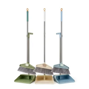 Self-Cleaning Broom and Dustpan Set Stainless Steel Long Handle Hair Filtering Comb Teeth Floor Cleaning Tools
