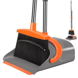Self Cleaning Broom and Dustpan Set with Comb Teeth Upright Standing Soft Broom for Home Pet Hair Floor Cleaning