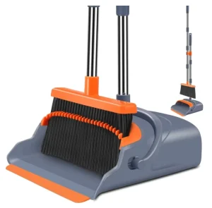 Self-Cleaning Long-Handle Broom and Dustpan Set with Teeth and Plastic Head