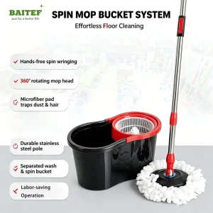 Self Cleaning Mop and Bucket Set 2 in 1 Wash & Dry Spin System Absorbent Microfiber Rotating Spin Mop Cleaner for Floor Cleaning