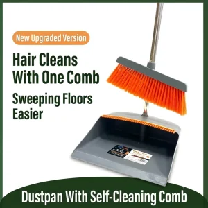 Self Cleaning Standing Broom and Dustpan With Scraper Teeth 180 Degree Rotating Upright Standing for Home Office Pet Hair