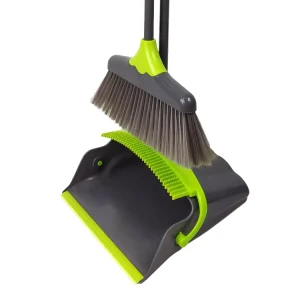 Self Cleaning Upright Stand Broom Set Super Long PP Broom Head Plastic Broom Stick Teeth Design Upgrade Dustpan