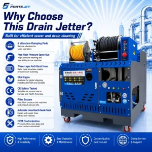 Self-Contained 500L Tank Water Jetter 200bar 64L/min Twin-Cylinder Remote Pipe Cleaner for 20 Inch Drains