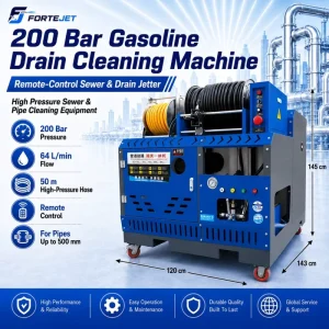 Self-Contained Sewer Jetting Machine 200Bar 64L/min 500L Tank Remote Drain Cleaning Machine for 50-500mm Drain