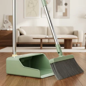 Self-Standing Foldable Broom and Dustpan Set with 180° Swivel Head and Long Handle