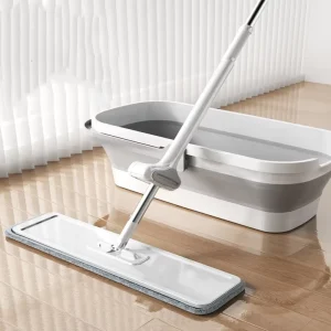 Self-Wringing Flat Mop with Foldable Bucket, Hands-Free Microfiber Mop Set for Hardwood and Tile Floors