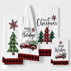 Set of 2 Kitchen Towels 42x60cm Christmas Microfiber Dish Towel Durable Festive Pattern Winter Decoration Red Plaid