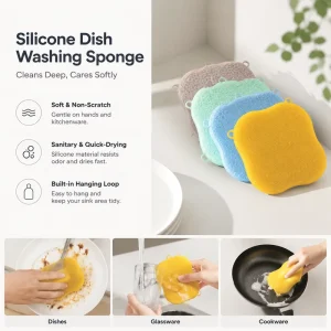 Silicone Dish Brush with Handle for Kitchen Cleaning