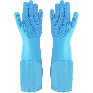 Silicone Household Cleaning Gloves with Soft Bristles, Non-Slip, Heat Resistant 450°F, BPA-Free