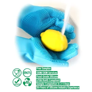 Silicone Kitchen Dishwashing Gloves with Wash Scrubber