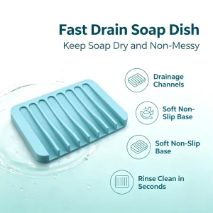 Silicone Soap Dish with Fast Drainage, Non-Slip Flexible Bar Soap Tray for Bathroom, Shower, and Kitchen