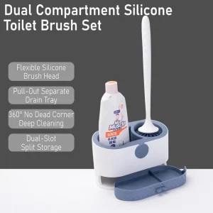 Silicone Toilet Brush Set with Holder, Blue Handle, Ventilated Base and Side Storage