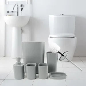 Simple Style 6 Piece Plastic Square Bathroom Accessories Gift Set Includes Trash Can Soap Dispenser Soap Dish Toilet Brush