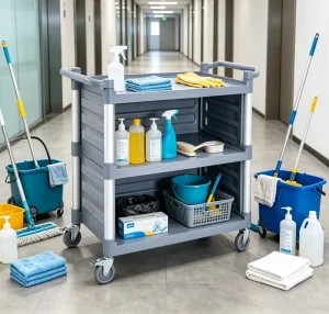 Smooth Moving Side Enclosed Room Service Trolley Heavy Duty Utility Cart with Wheels for Cleaning Work