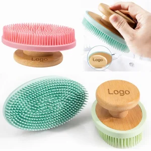 Soft Silicone Oval Bath Brush and Body Scrubber with Wooden Handle