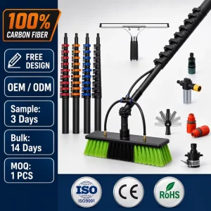 Solar Panel Cleaning Brush Kit Carbon Fiber Telescopic Water Fed Pole with 4 Nozzle System Adjustable Pivot Head OEM Factory