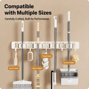 Space Aluminum Wall-Mounted Mop and Broom Holder with Clips and Hooks