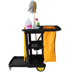 Spacious 3 Tier Cleaning Cart with Compartmentalized Service Platform and Rear Hooks Ample Storage for All Cleaning Tools