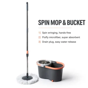 Spin Mop Bucket Set with Hands-Free Wringing Fluffy Microfiber Mop Drain Plug and Stainless Steel Handle