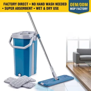 Squeeze Dual Bucket Self Wringing Wet Dry Separation Microfiber Stainless Steel Pole Rectangle Flat Squeegee Mop and Bucket Set