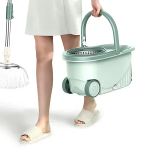 Squeeze Hands-Free Mop Bucket with Stainless Steel Stretchable Handle, Wet and Dry Floor Cleaning, 360° Rotating Heads