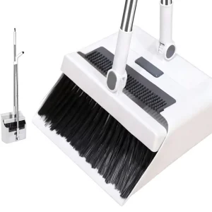 Stainless Steel Broom & Dustpan Combo Set Long Handle Self-Cleaning with 4-Row Dense Bristles Indoor Use (White)