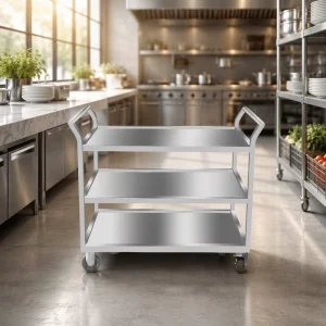 Stainless Steel Commercial Restaurant Dining Cart Double Tiered Three Layer Hand Pulled Mobile Trolley Silver Flatbed Trailer